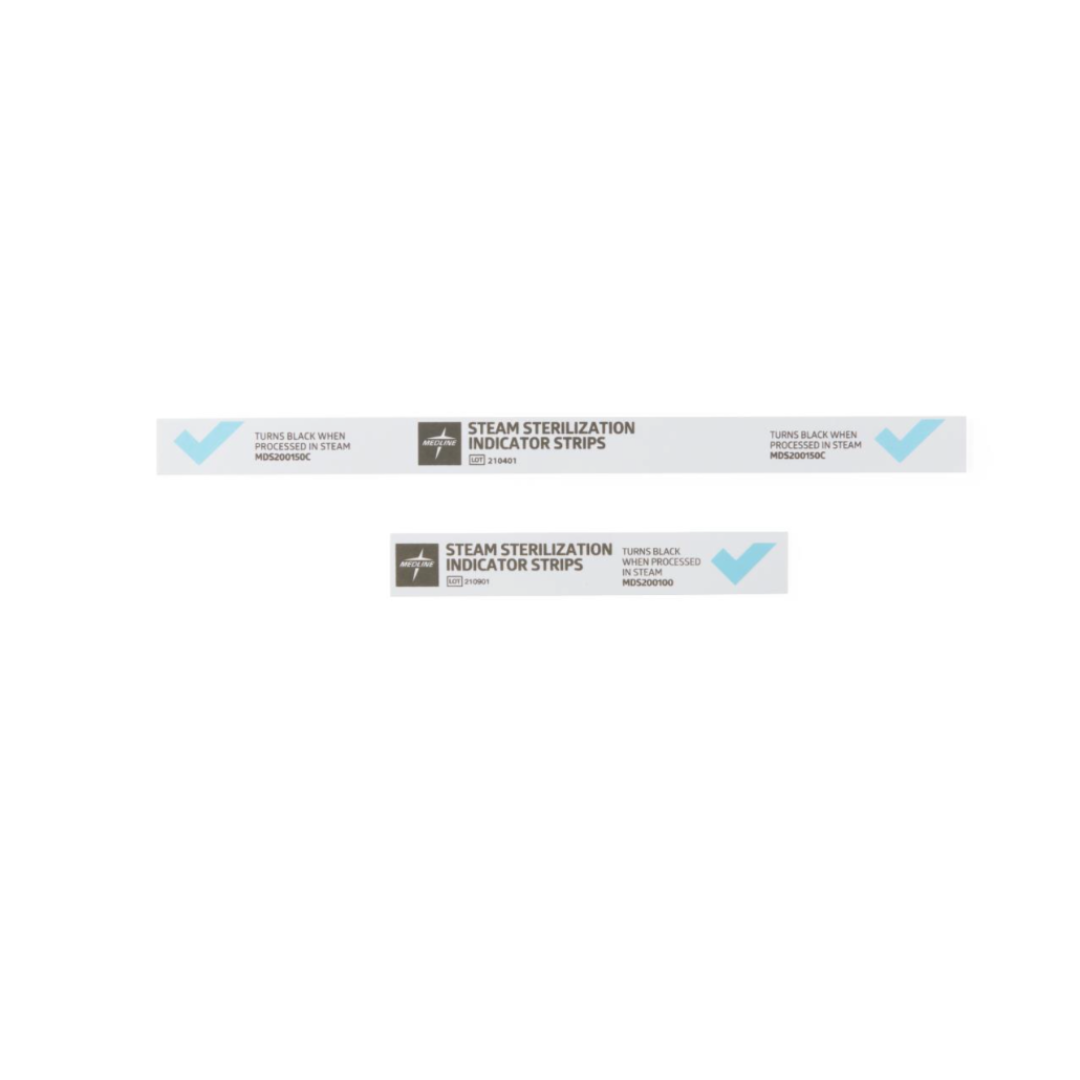 Two Medline Steam Indicator Strips - Class 4, each with a gray square, blue check mark, and text stating they turn black after steam processing. Both sterilization indicators are shown on a plain white background.